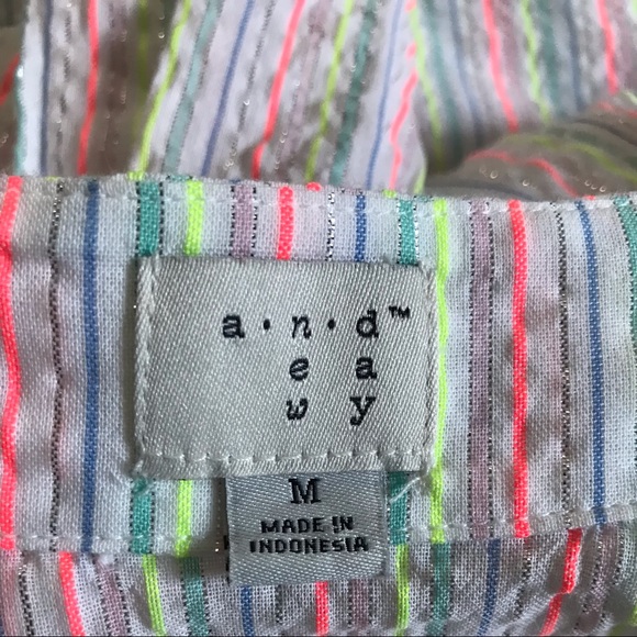 A NEW DAY Seersucker Ruffle Bell Sleeve Metallic Sparkle Neon Striped Blouse - Picture 3 of 9